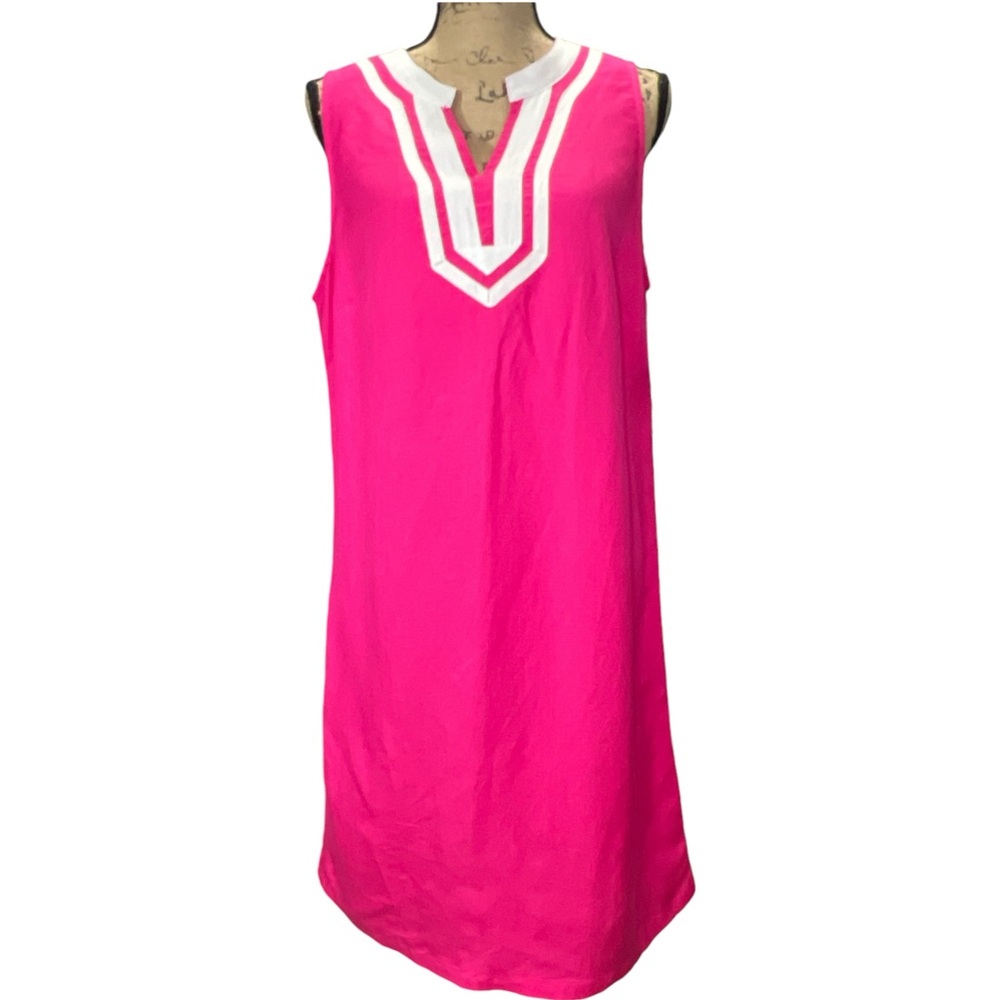 Pappagallo. EC Tropical pink shift dress with white trim at v-neckline.  Size 10